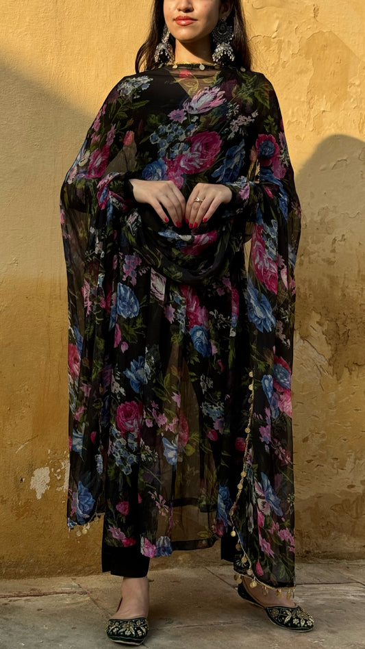 Black rose floral suit set