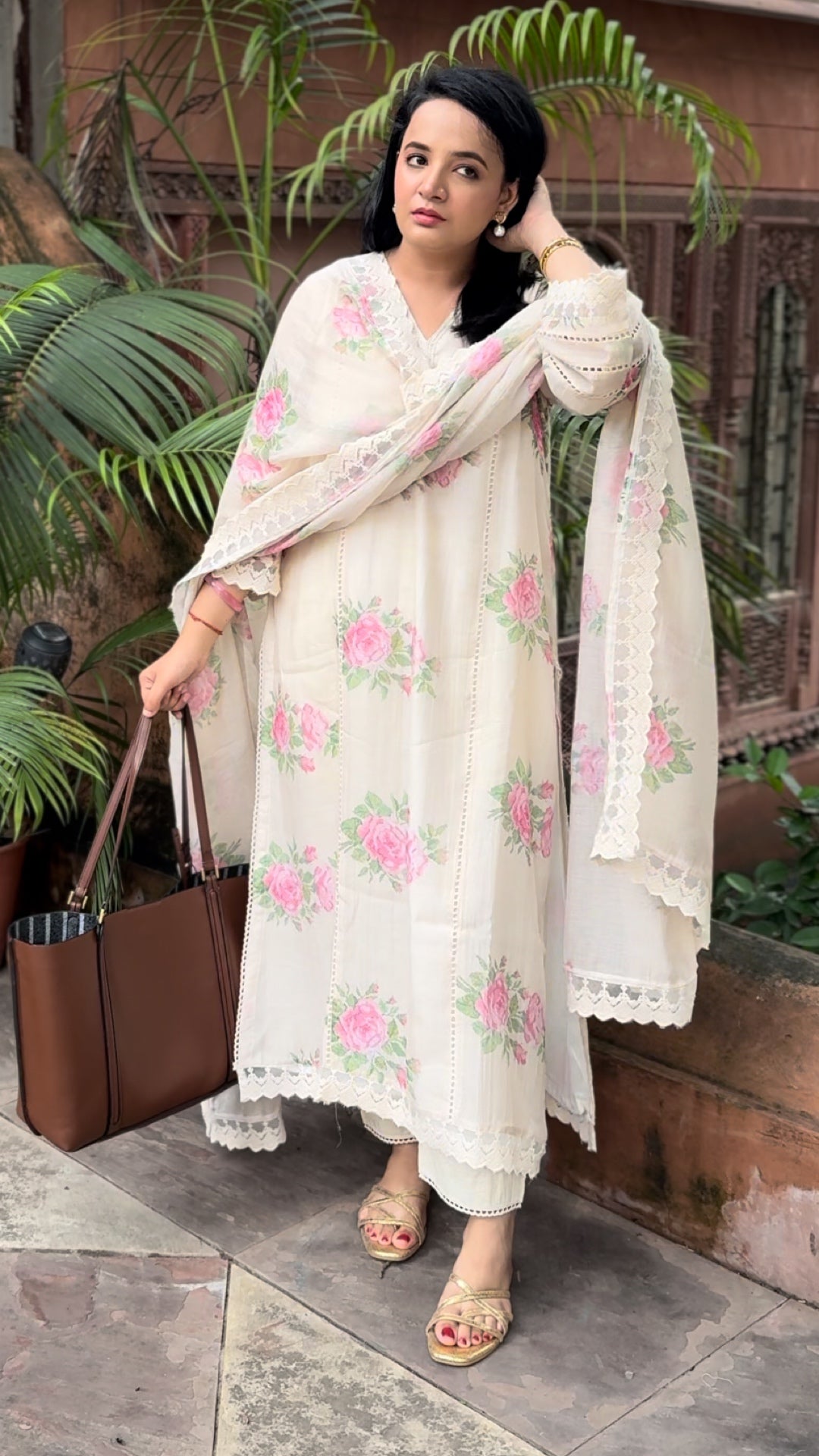 Bourbon Rose Pure Mulmul Chanderi Suit Set
