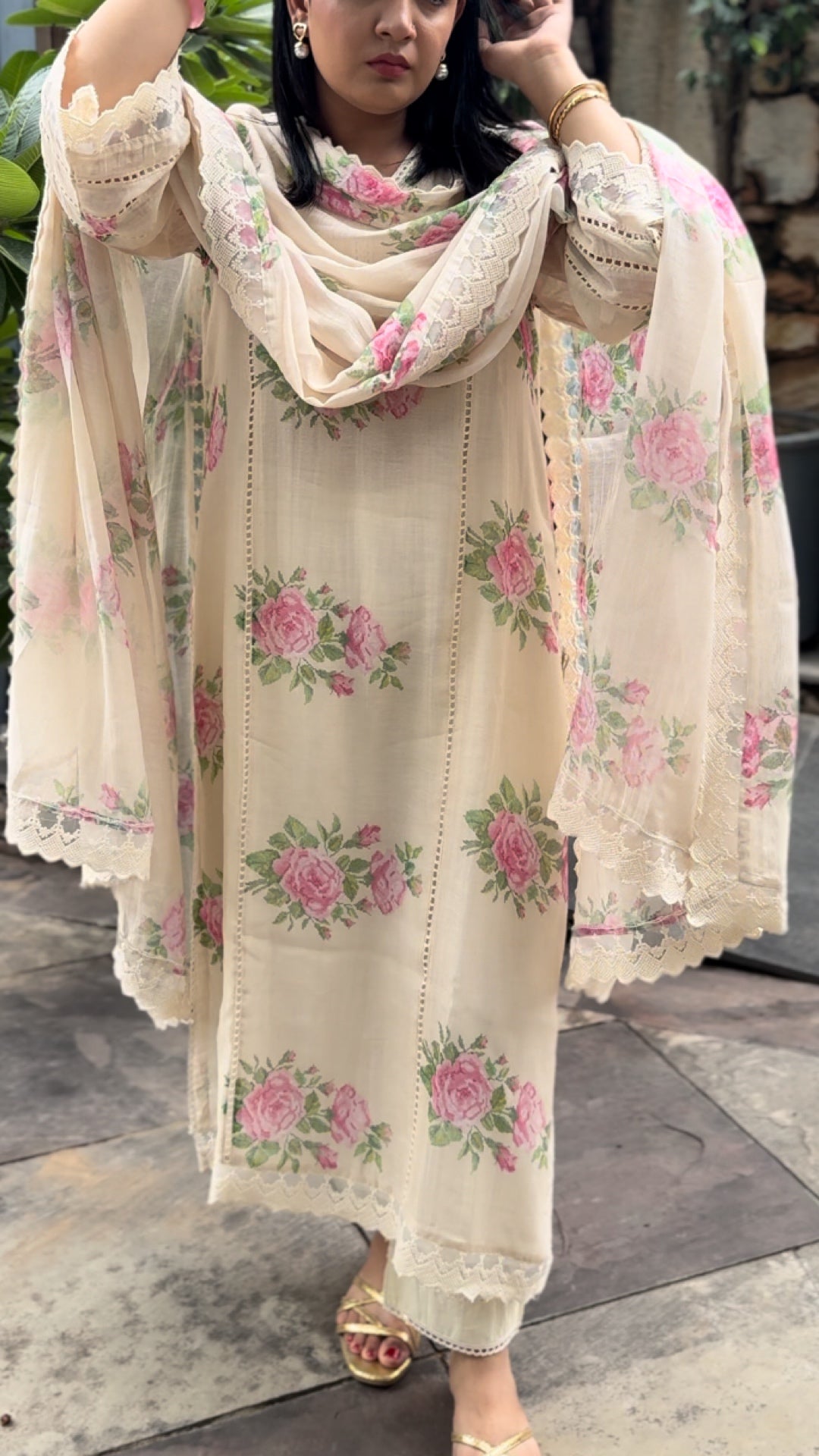 Bourbon Rose Pure Mulmul Chanderi Suit Set