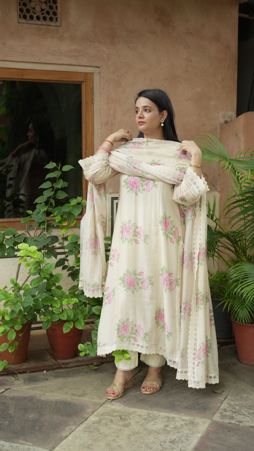 Bourbon Rose Pure Mulmul Chanderi Suit Set