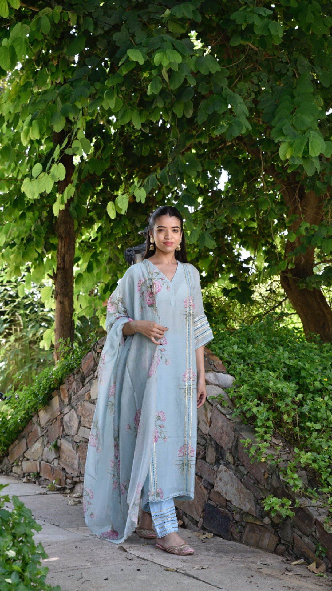 Suhana Powder Blue Pure Mulmul Chanderi Suit Set