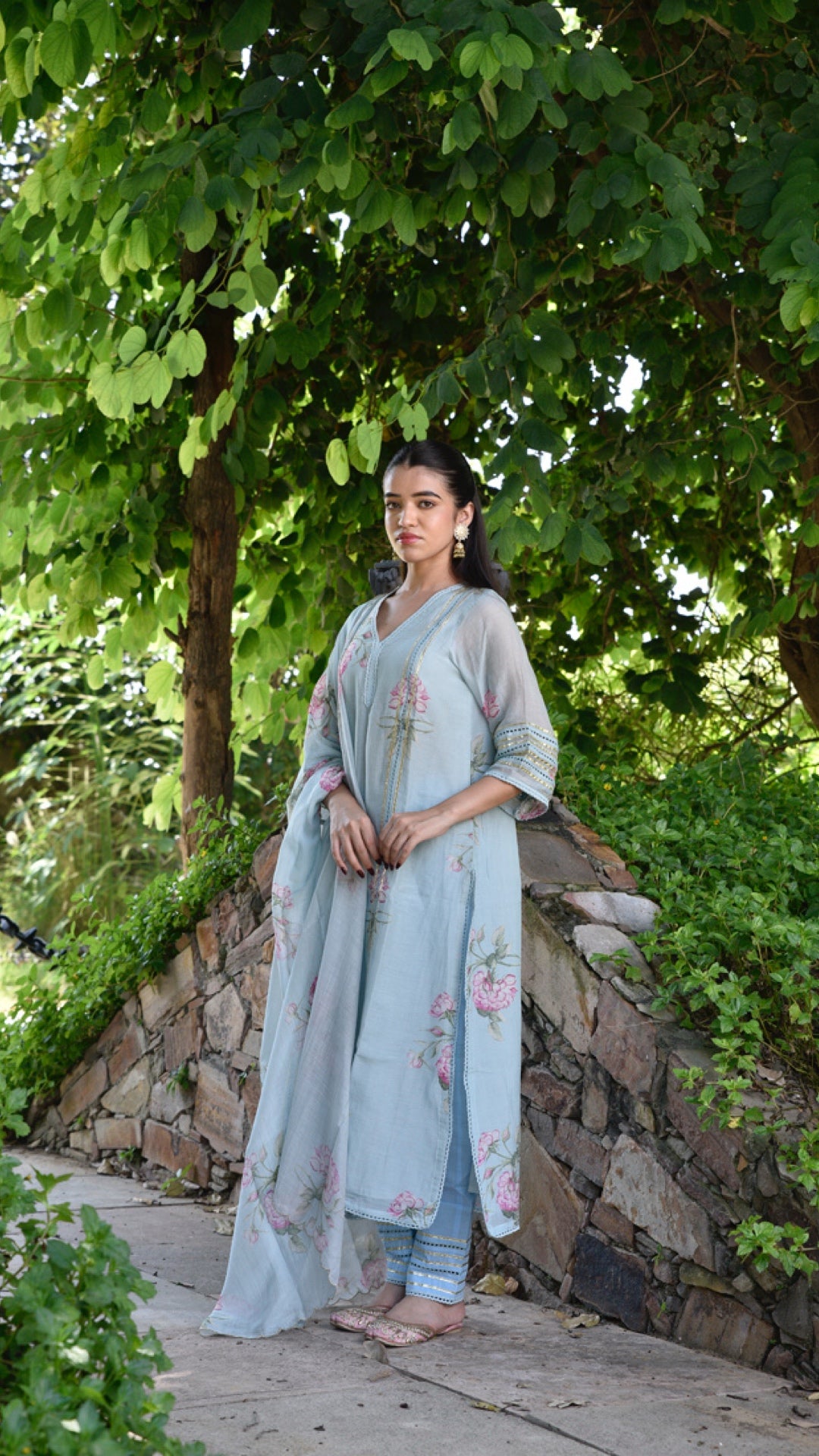 Suhana Powder Blue Pure Mulmul Chanderi Suit Set