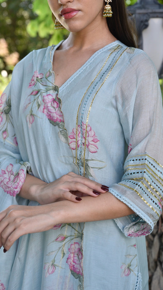 Suhana Powder Blue Pure Mulmul Chanderi Suit Set