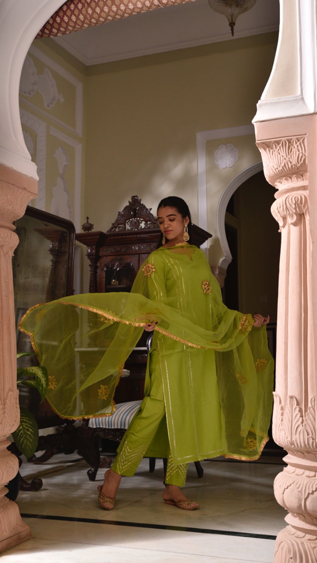 Jharonka Neon Green Tissue Silk Suit Set