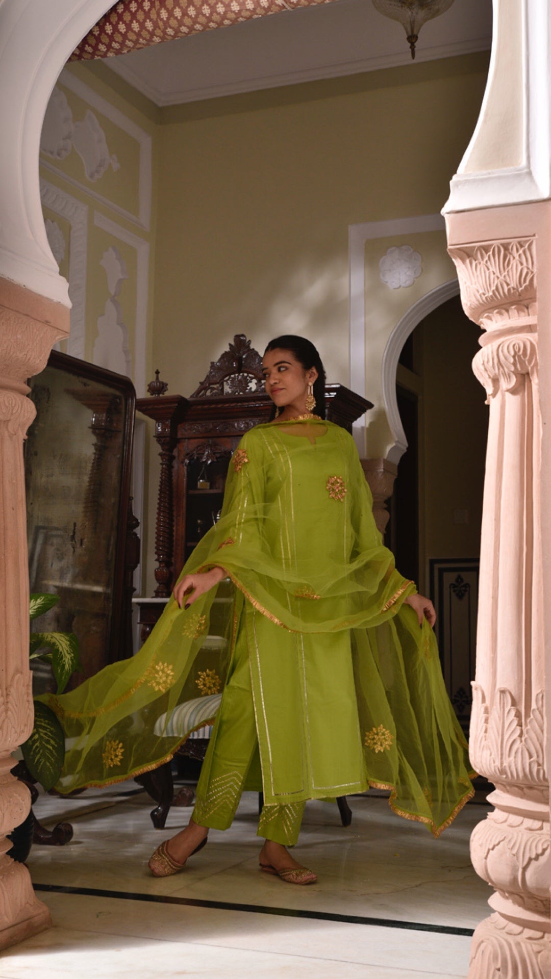 Jharonka Neon Green Tissue Silk Suit Set