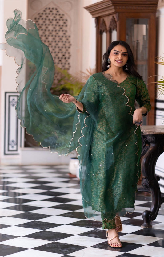 DARK GREEN BROCADE SUIT SET