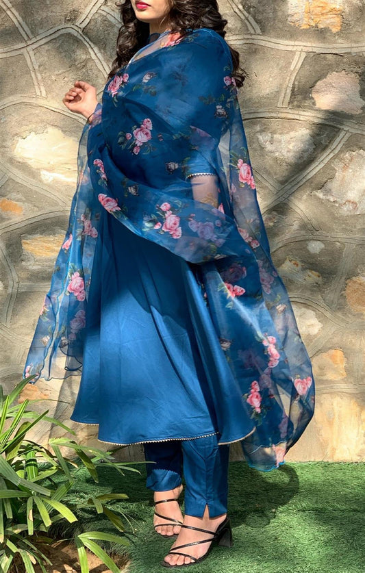 PINK ROSES BLUE FLARED ORGANZA SUIT SET