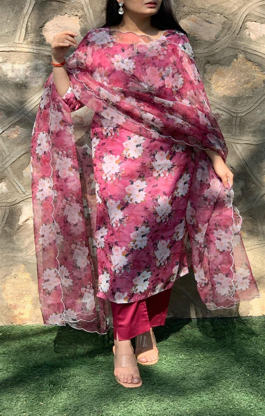MAROON FLORAL ORGANZA SUIT