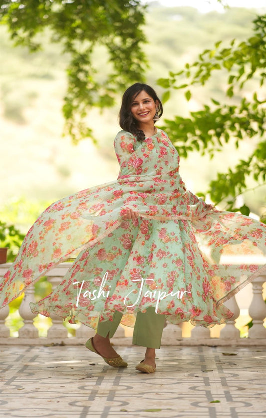 Flora Seagreen Chiffon suit set