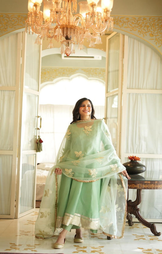 ROOH TEA GREEN SILK SUIT SET