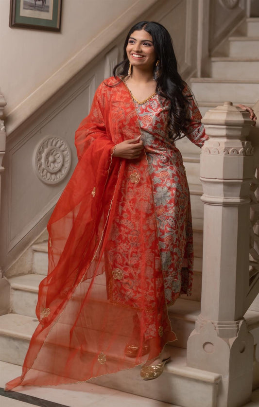SALAMANDER ORANGE ROSE VELVET SUIT SET