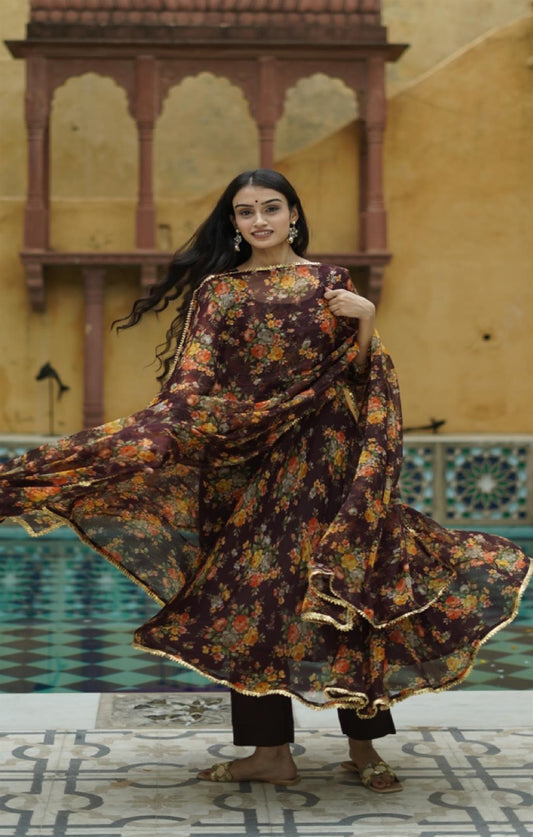 BROWN FLORAL CHIFFON SUIT SET
