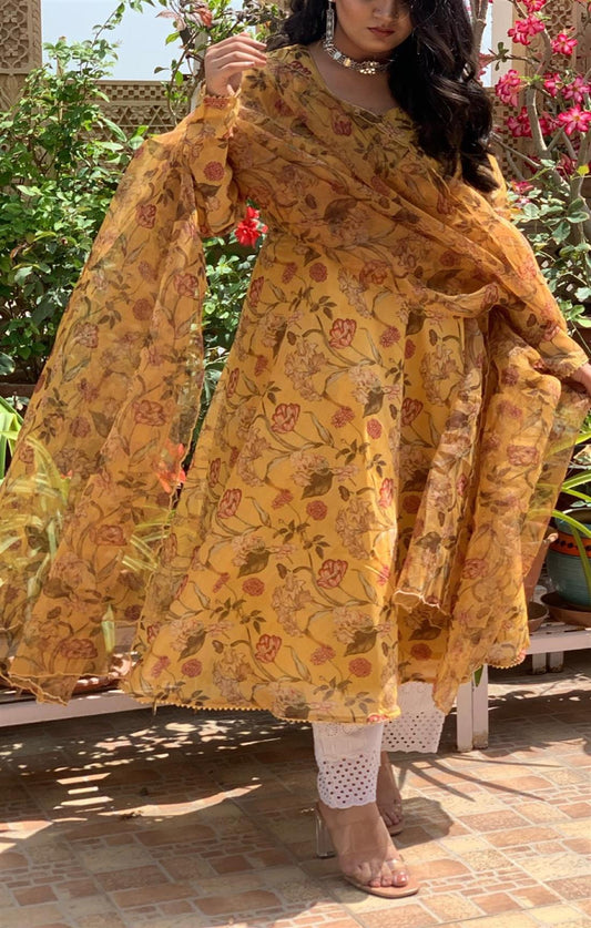 MUSTARD JAAL PRINT FLARED SUIT SET