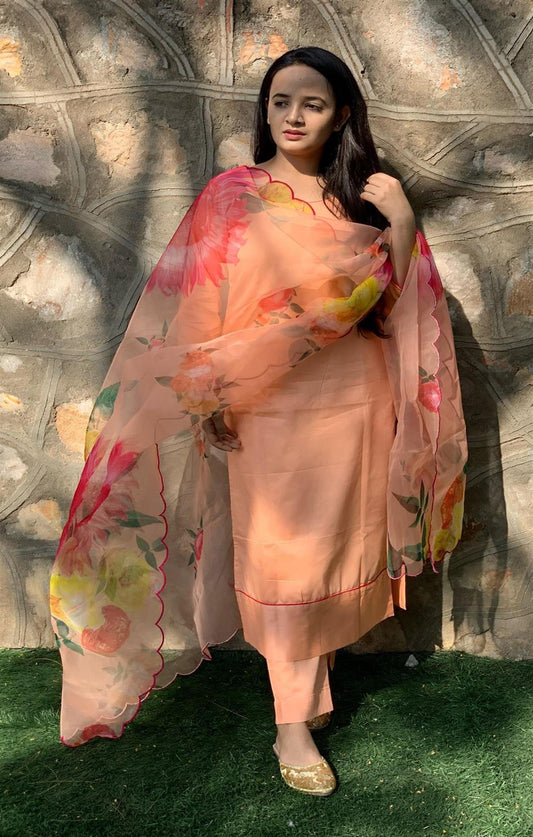 PEACH BIG FLORAL ORGANZA SUIT SET