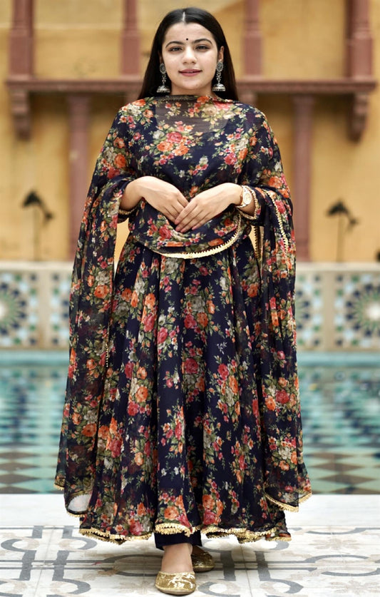 BLUE FLORAL CHIFFON SUIT SET
