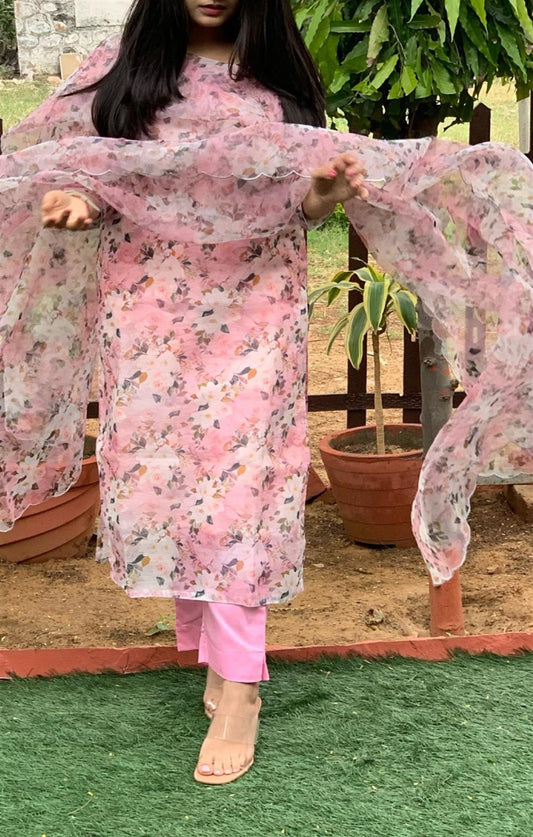 PINK CREAM FLORAL ORGANZA SUIT SET