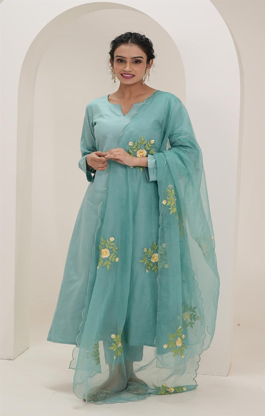 Middle Blue Embroidered Suit Set