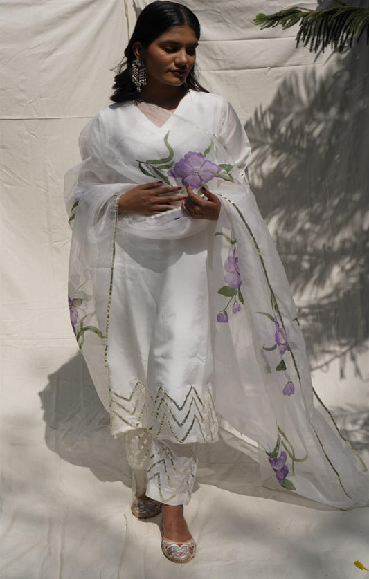 Gracious White Hand painted Suit Set
