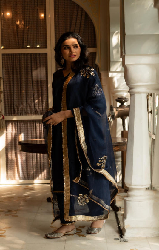 Navy Bliss Butta Embroidery Suit Set