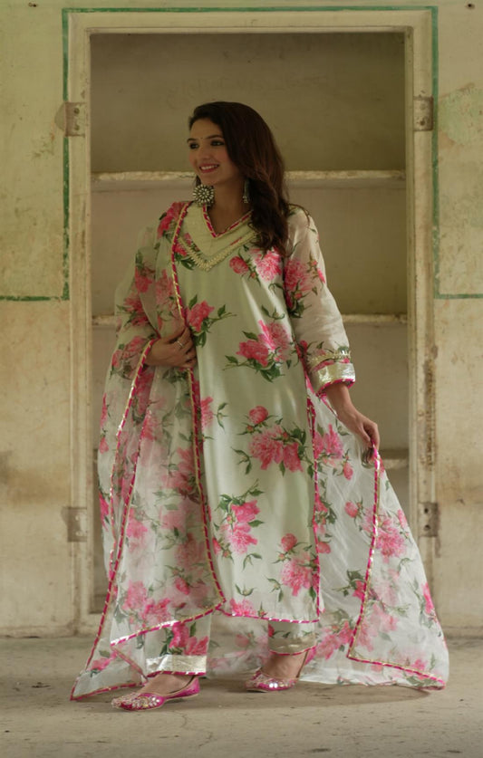 Jharonka Seagreen Floral Gotta Suit Set