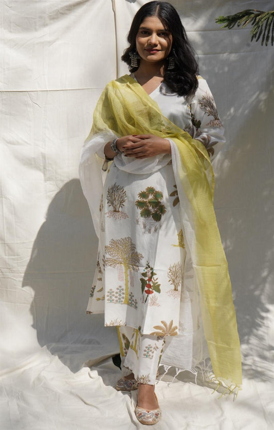 Palm White Cotton Suit Set