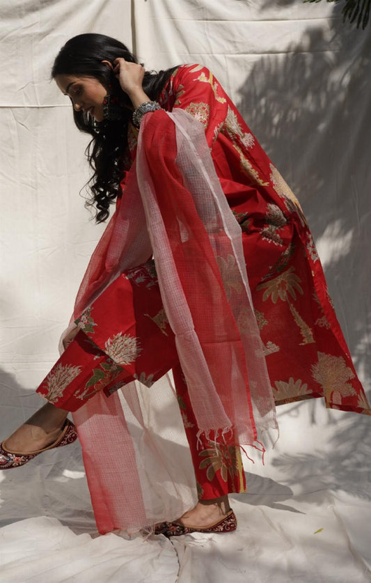 Palm Red Cotton Suit Set