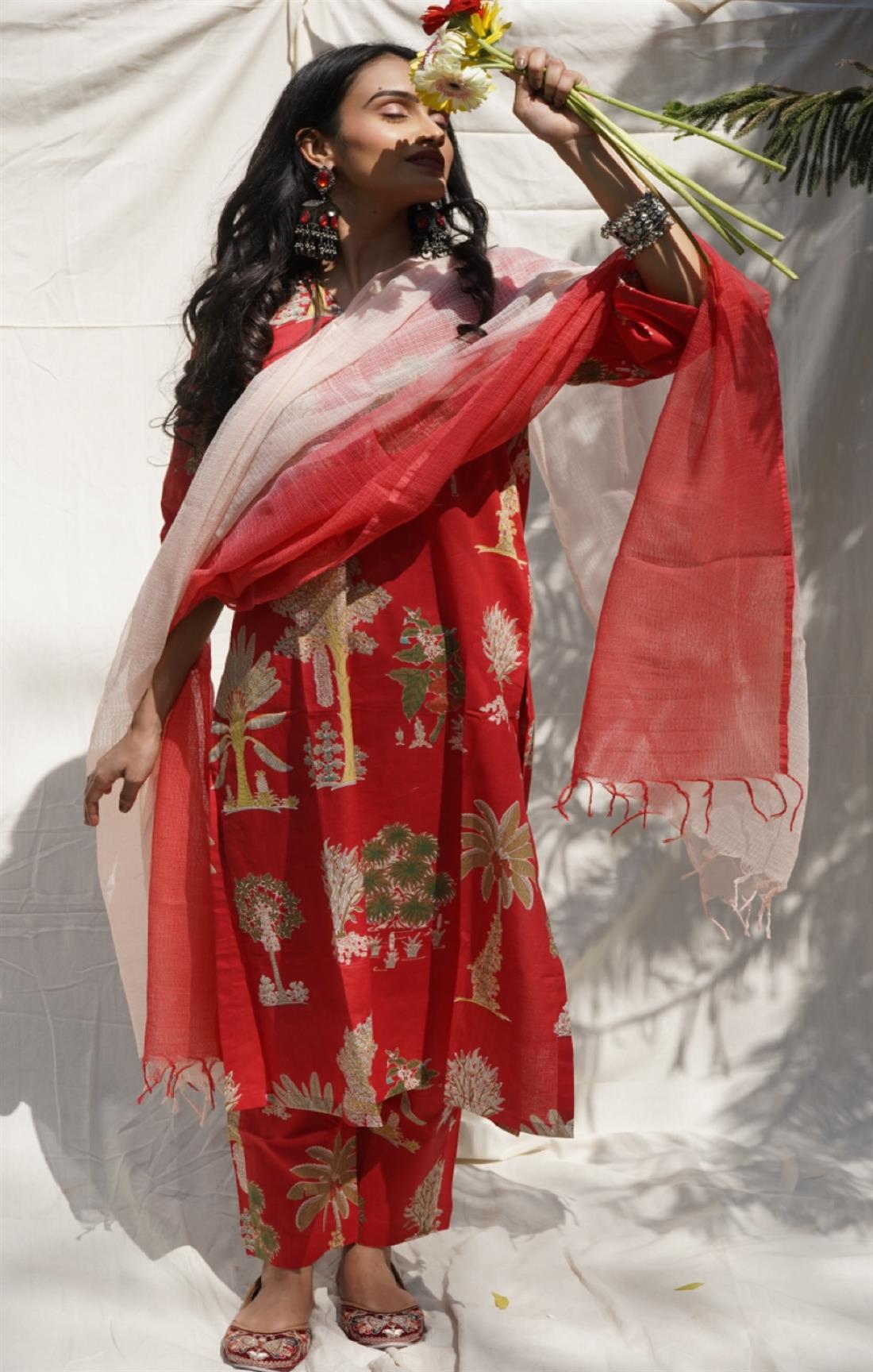 Palm Red Cotton Suit Set