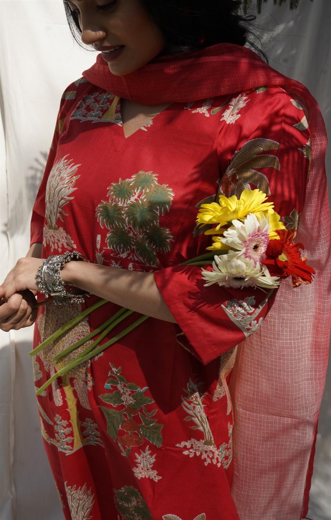 Palm Red Cotton Suit Set