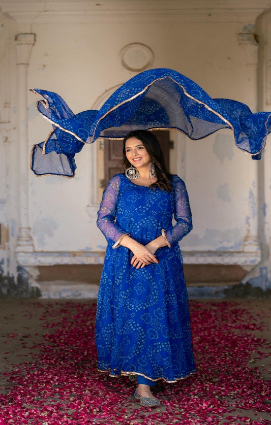 Aarzoo Blue Bandhani Suit Set