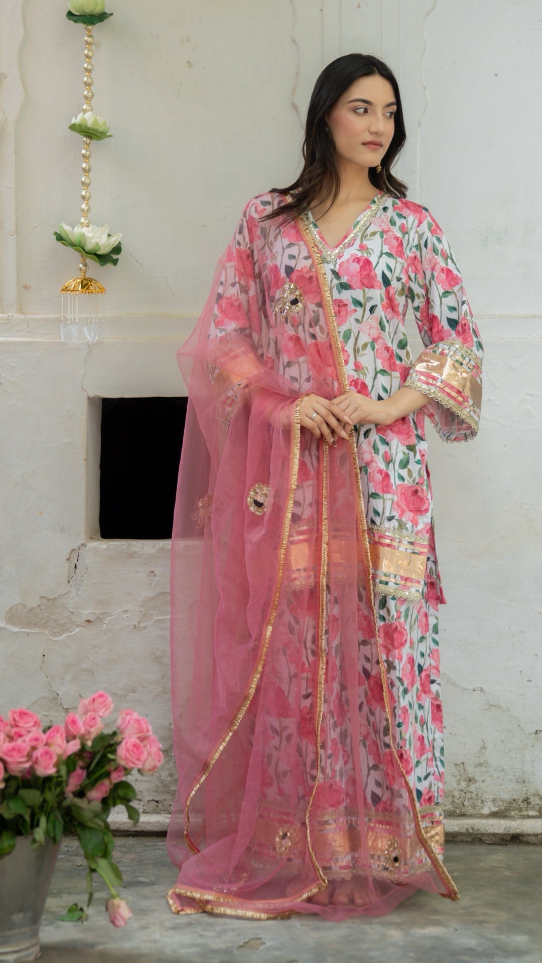 Gulbagh Gulaab Pink & White  Pure Silk Suit Set