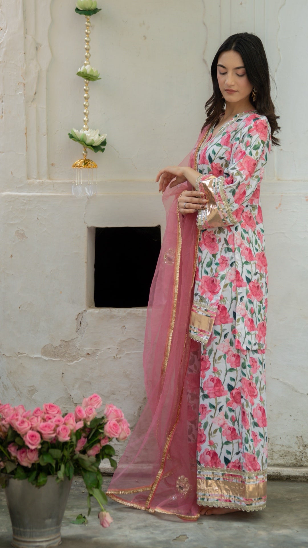 Gulbagh Gulaab Pink & White  Pure Silk Suit Set
