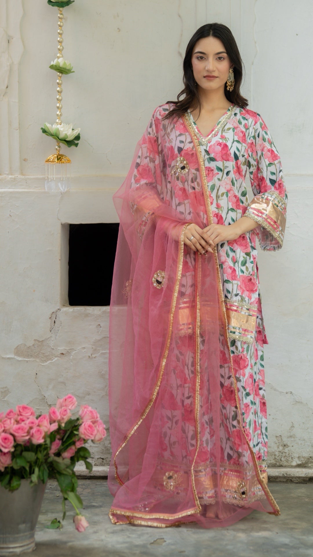 Gulbagh Gulaab Pink & White  Pure Silk Suit Set