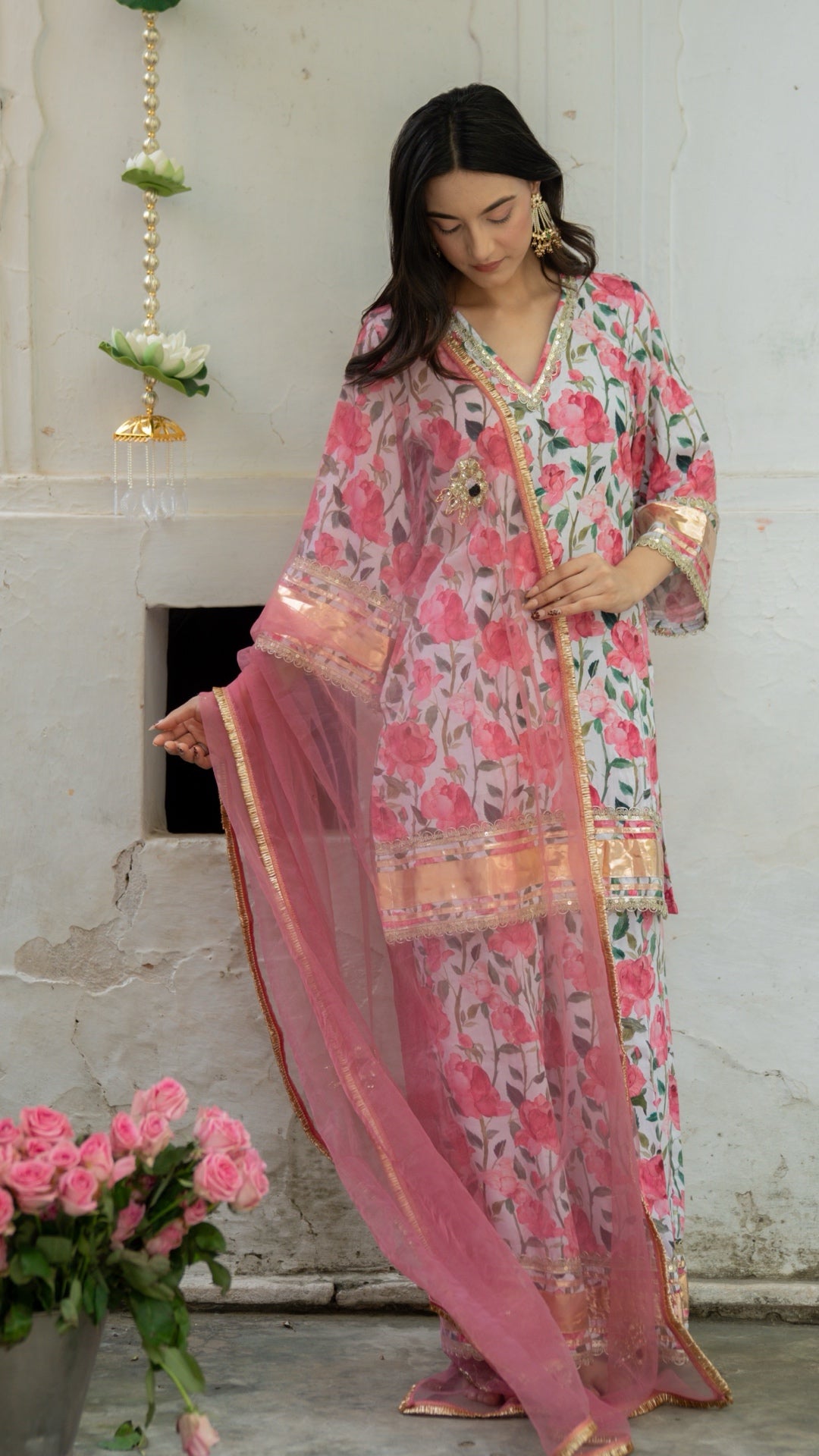 Gulbagh Gulaab Pink & White  Pure Silk Suit Set
