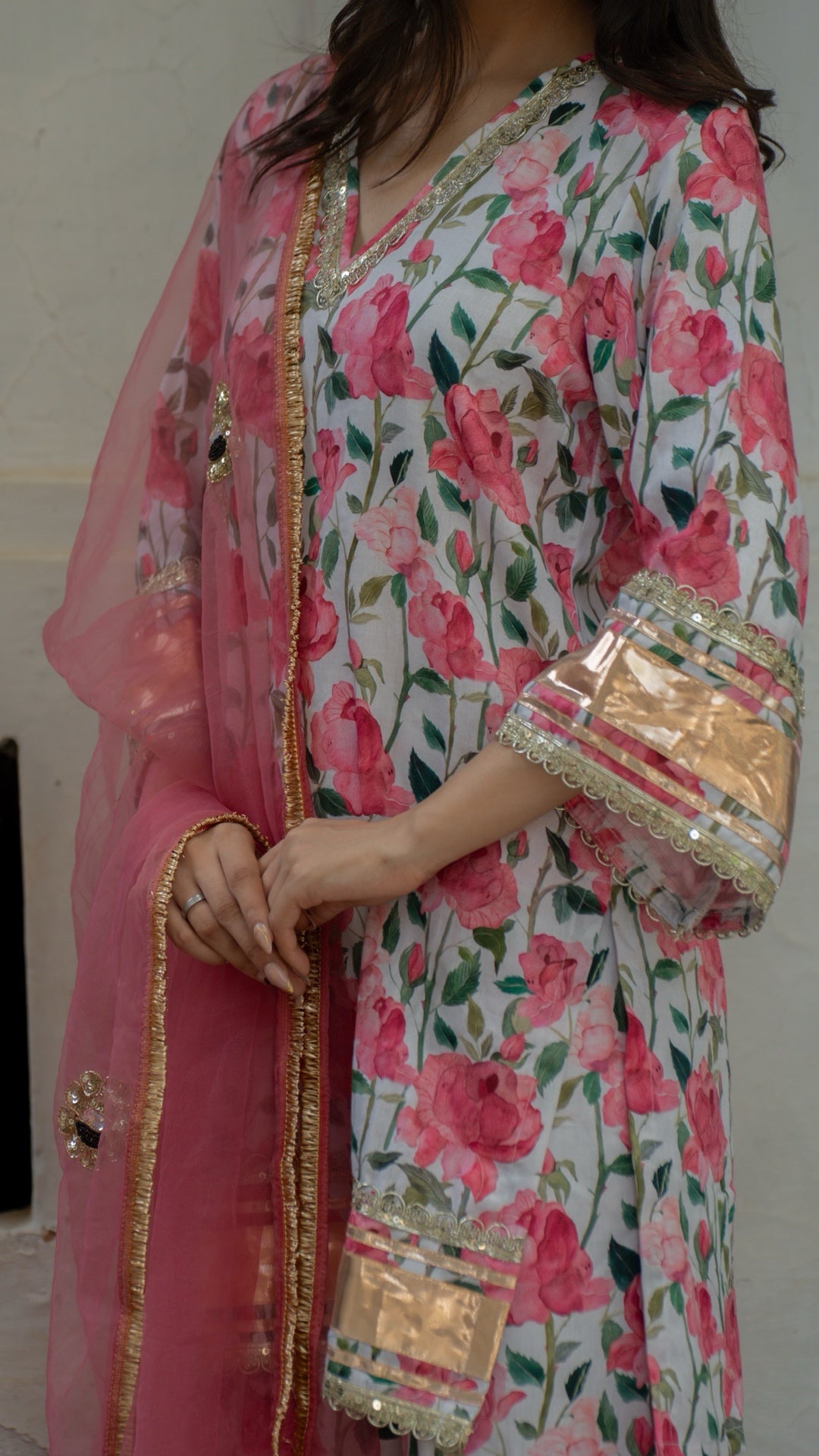 Gulbagh Gulaab Pink & White  Pure Silk Suit Set