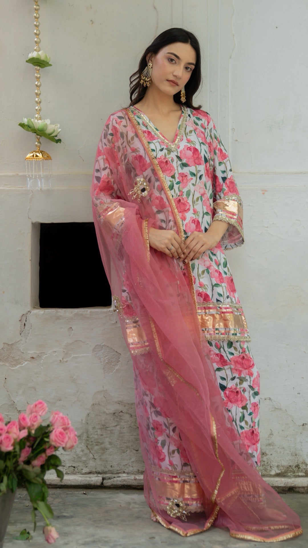 Gulbagh Gulaab Pink & White  Pure Silk Suit Set