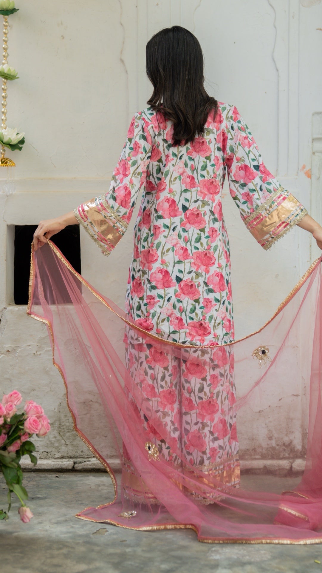Gulbagh Gulaab Pink & White  Pure Silk Suit Set