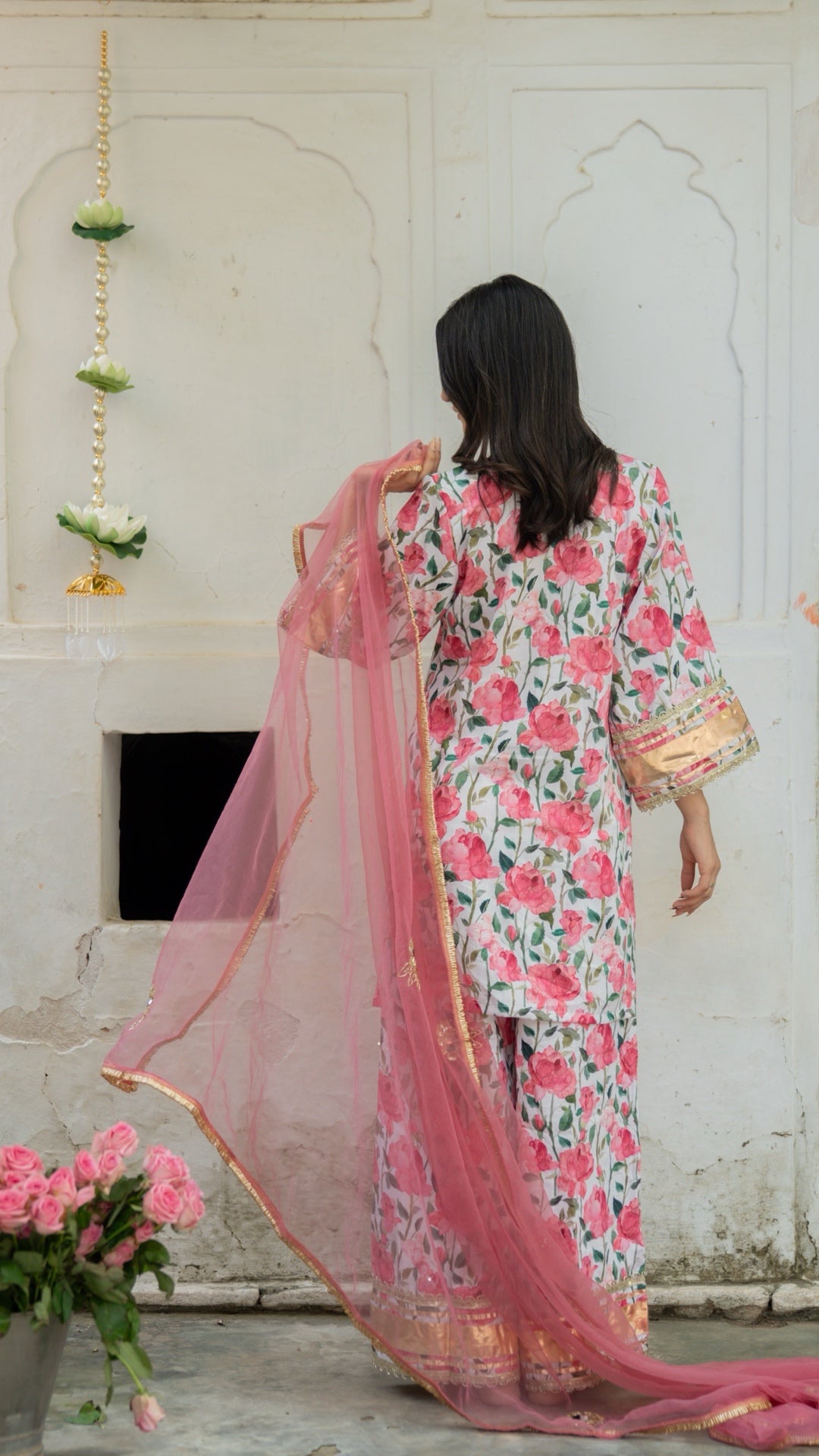 Gulbagh Gulaab Pink & White  Pure Silk Suit Set