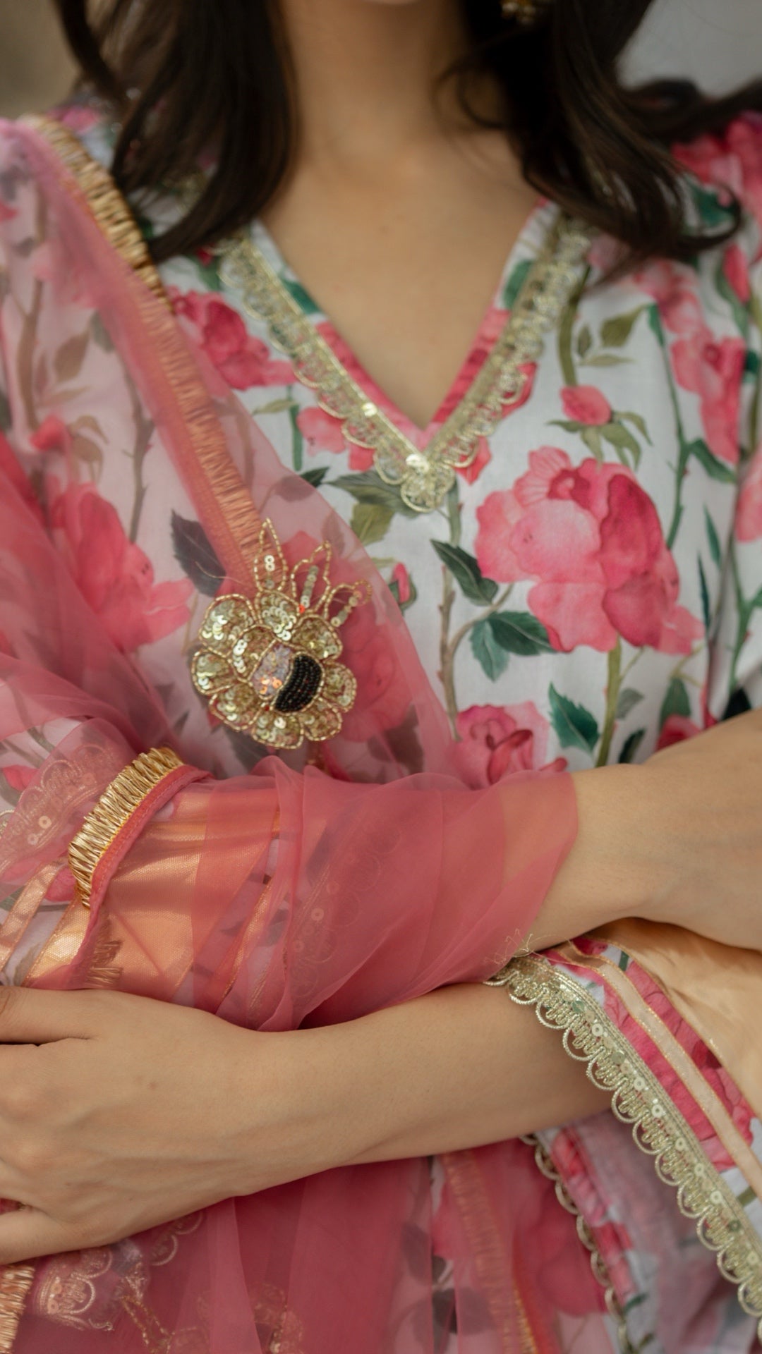 Gulbagh Gulaab Pink & White  Pure Silk Suit Set