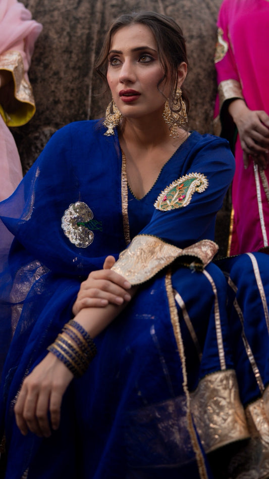 Moriyaa Royal Blue Pure Handwork Suit Set