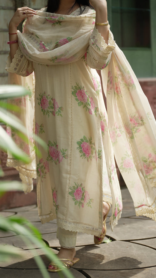 Bourbon Rose Pure Mulmul Chanderi Suit Set