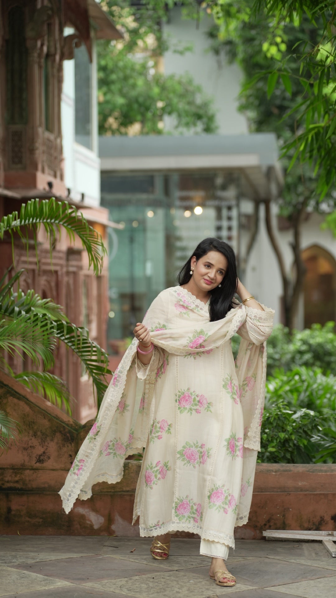 Bourbon Rose Pure Mulmul Chanderi Suit Set