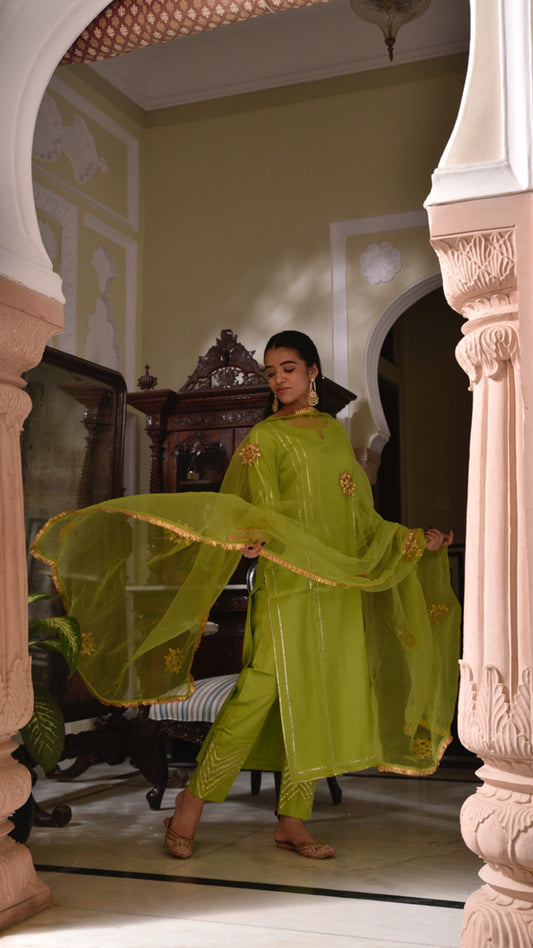 Jharonka Neon Green Tissue Silk Suit Set