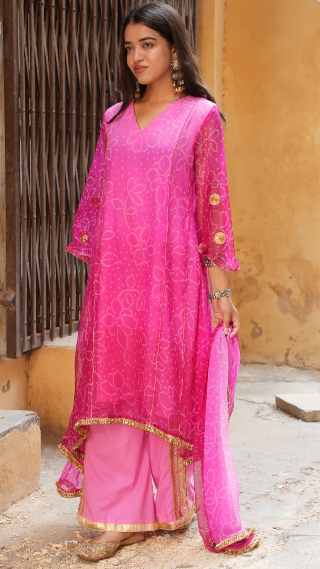 Bandhani Rose Pink Ombre Suit Set