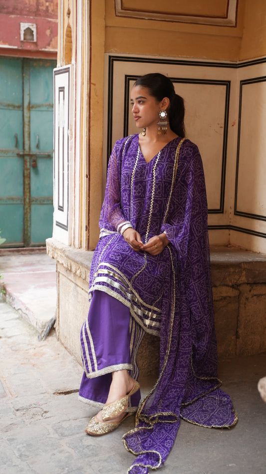 Chakor Purple Bandhani Suit Set