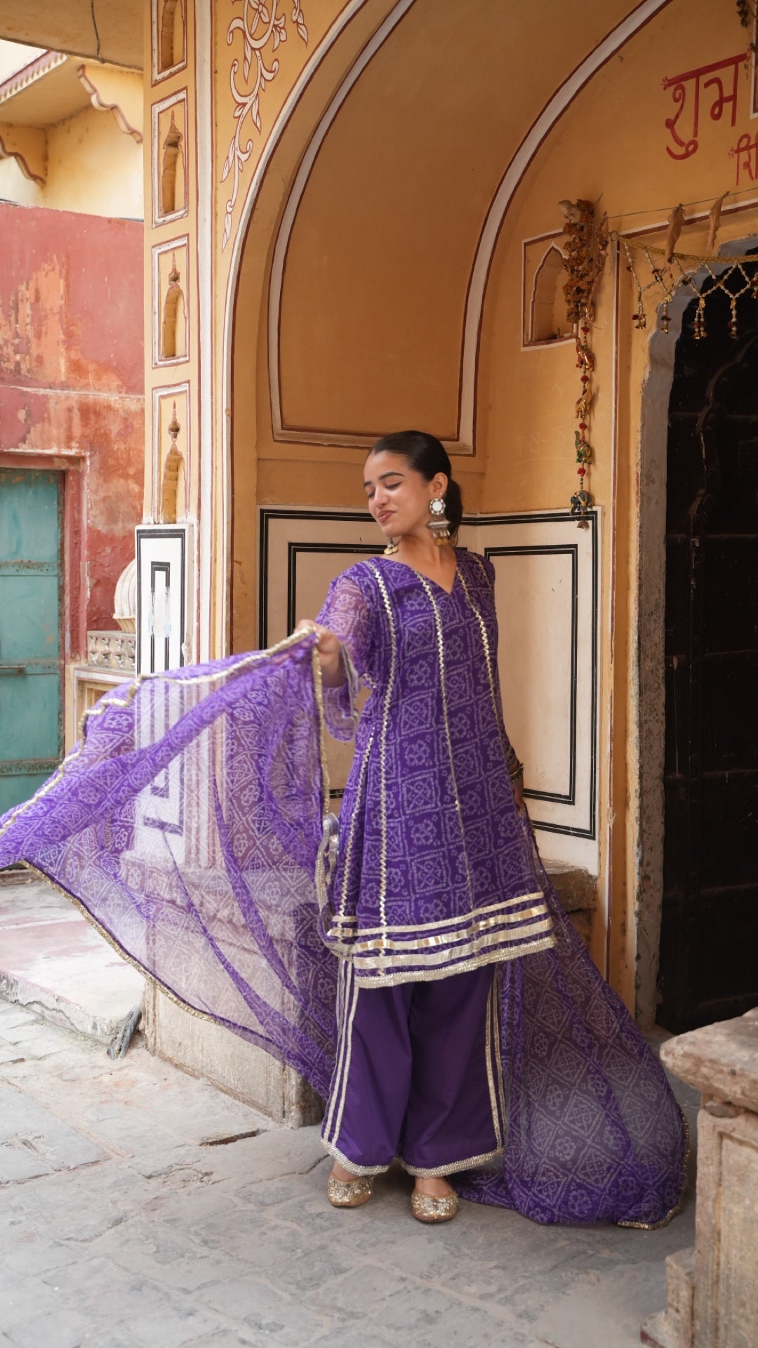 Chakor Purple Bandhani Suit Set