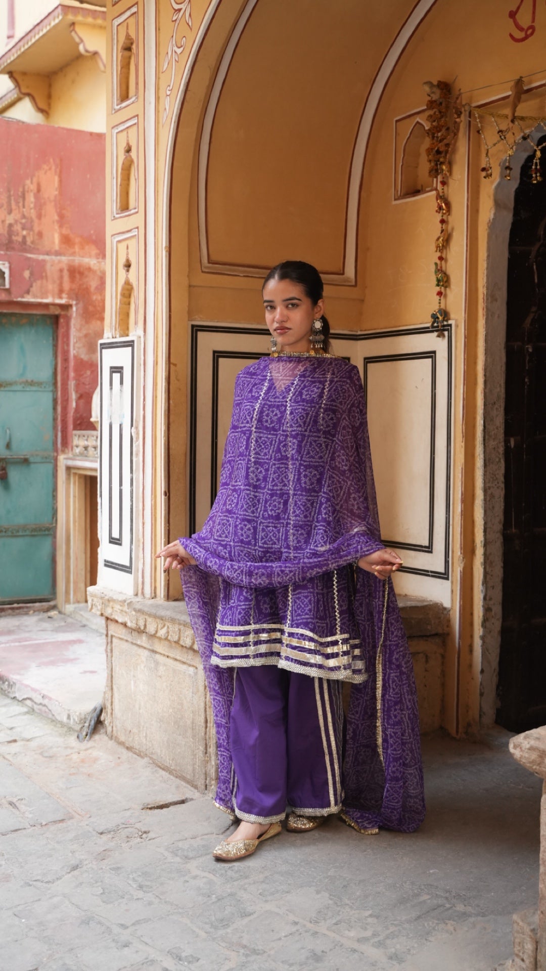 Chakor Purple Bandhani Suit Set